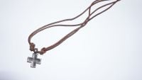 Cross Necklace with Brown Leather Chain 