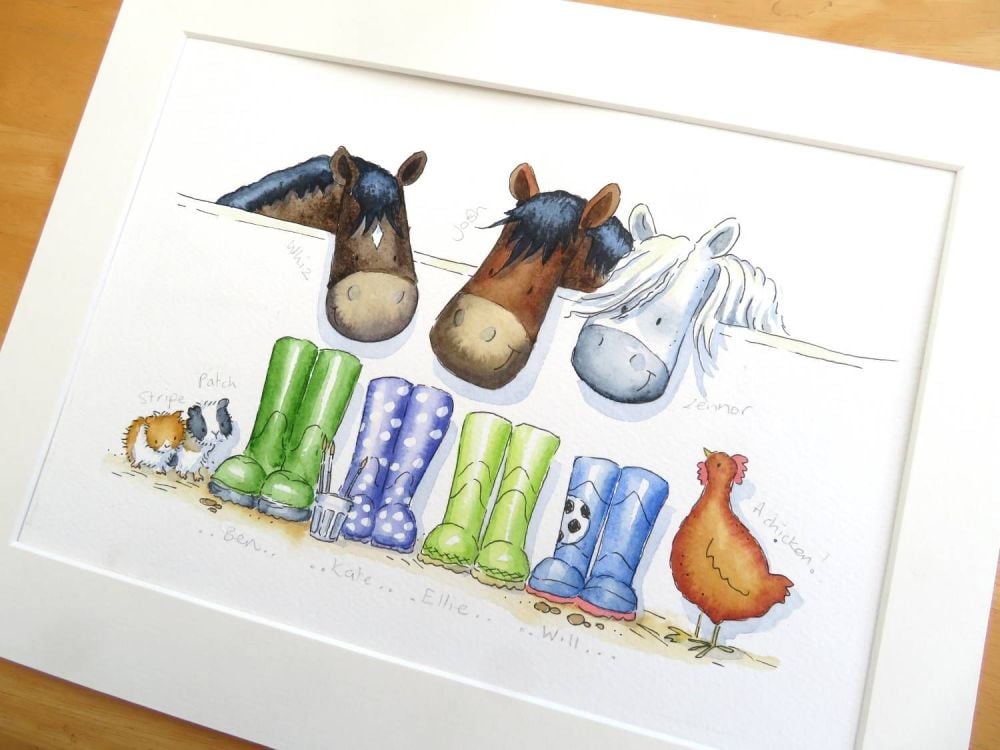 Wellies family portrait with pets - FRAMED