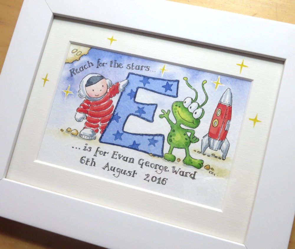Personalised boy watercolour initial painting 6 by 8 inch