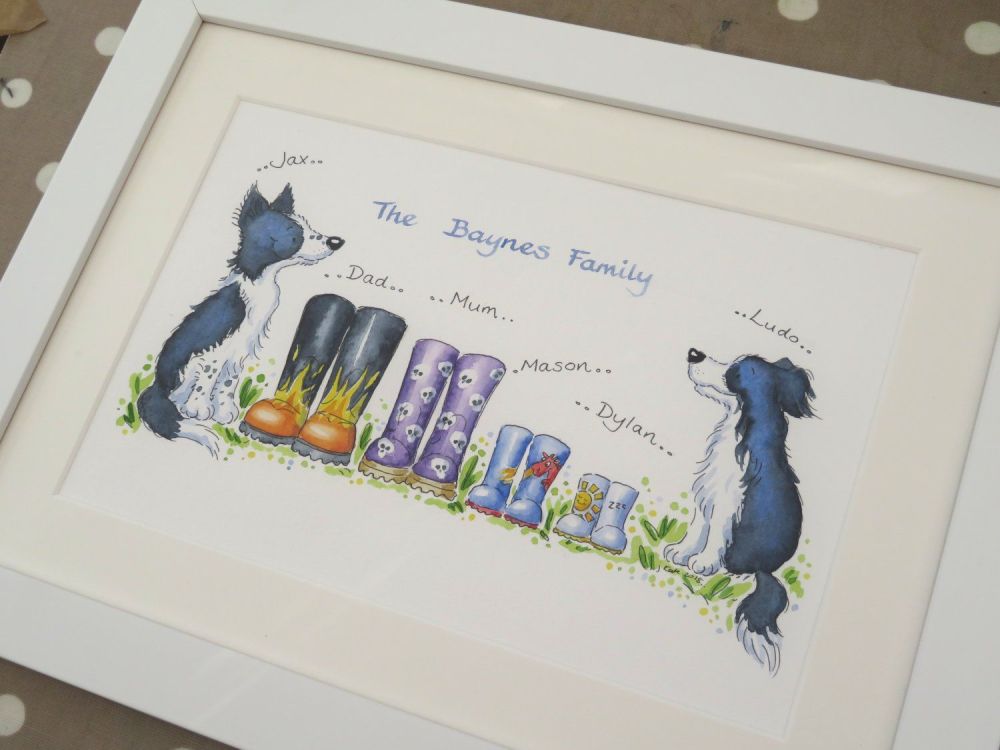 Wellies family portrait with pets - FRAMED