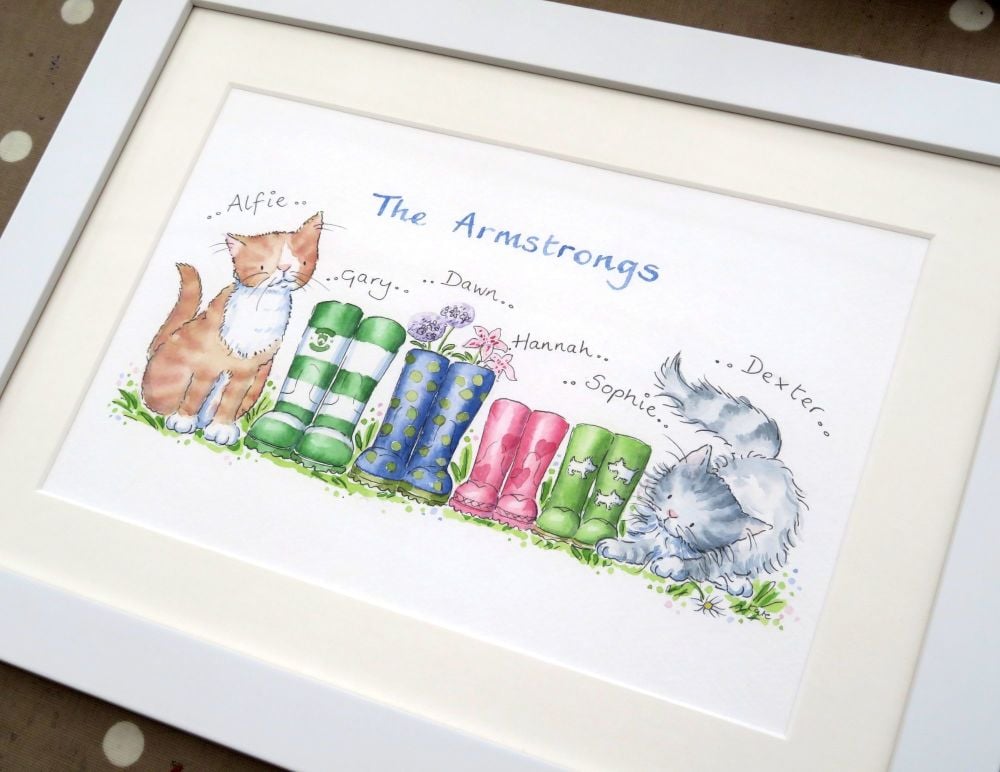 Wellies family portrait with pets - FRAMED