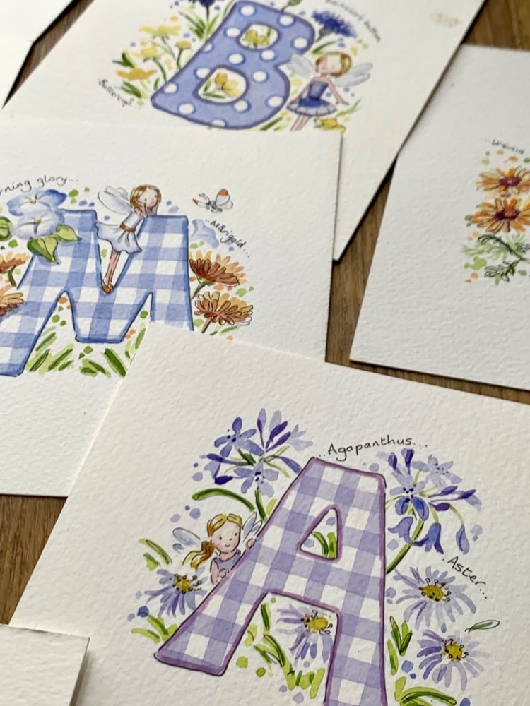 Personalised flower fairy watercolour  initial painting