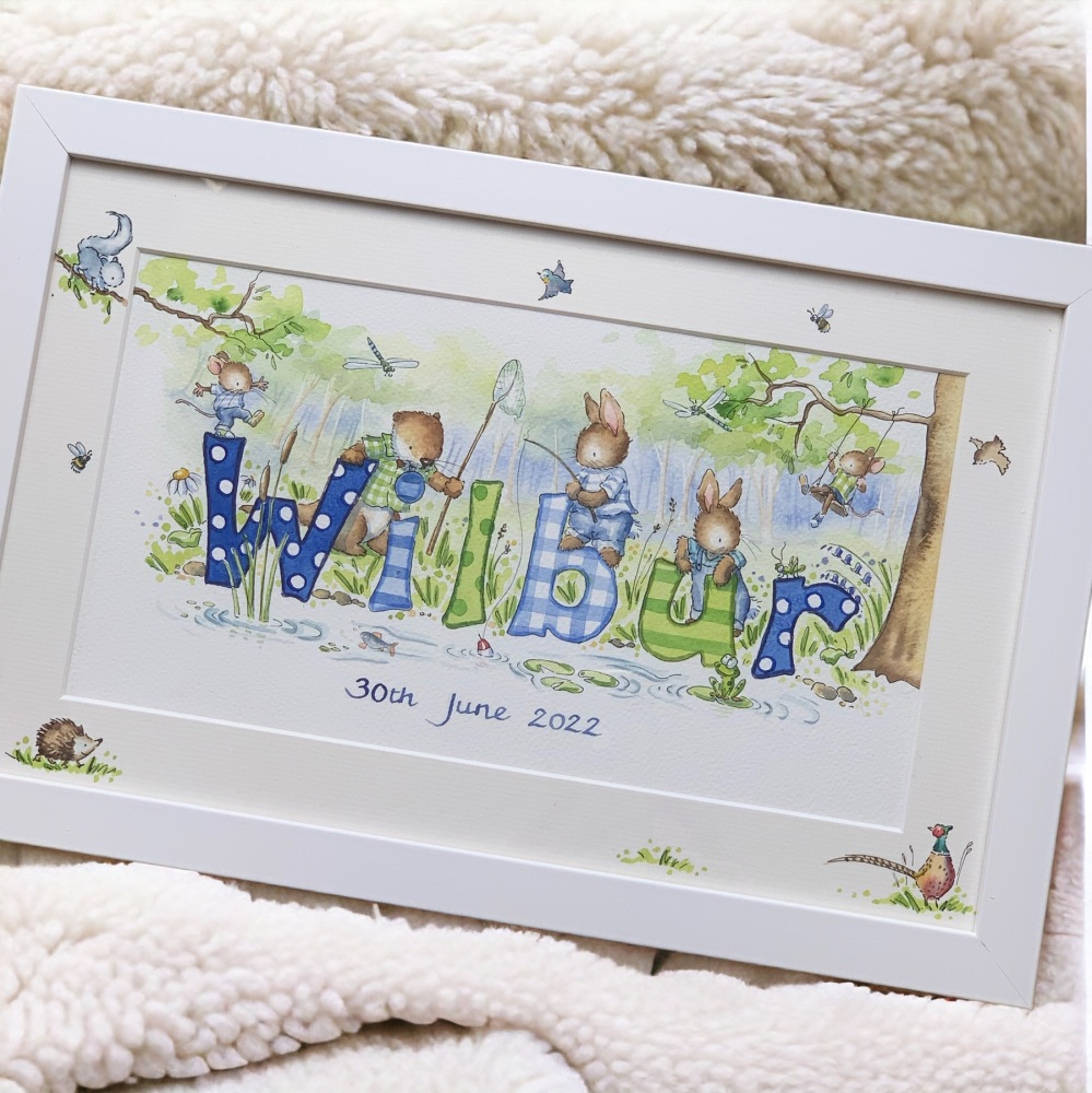 Personalised Watercolour name picture 16" by 10" framed