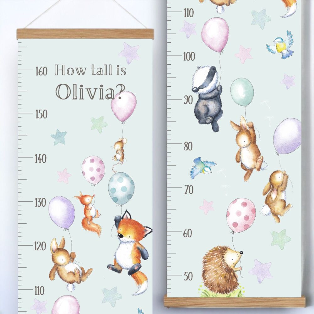 Balloon Woodland animals personalised height chart - pinks and mauves
