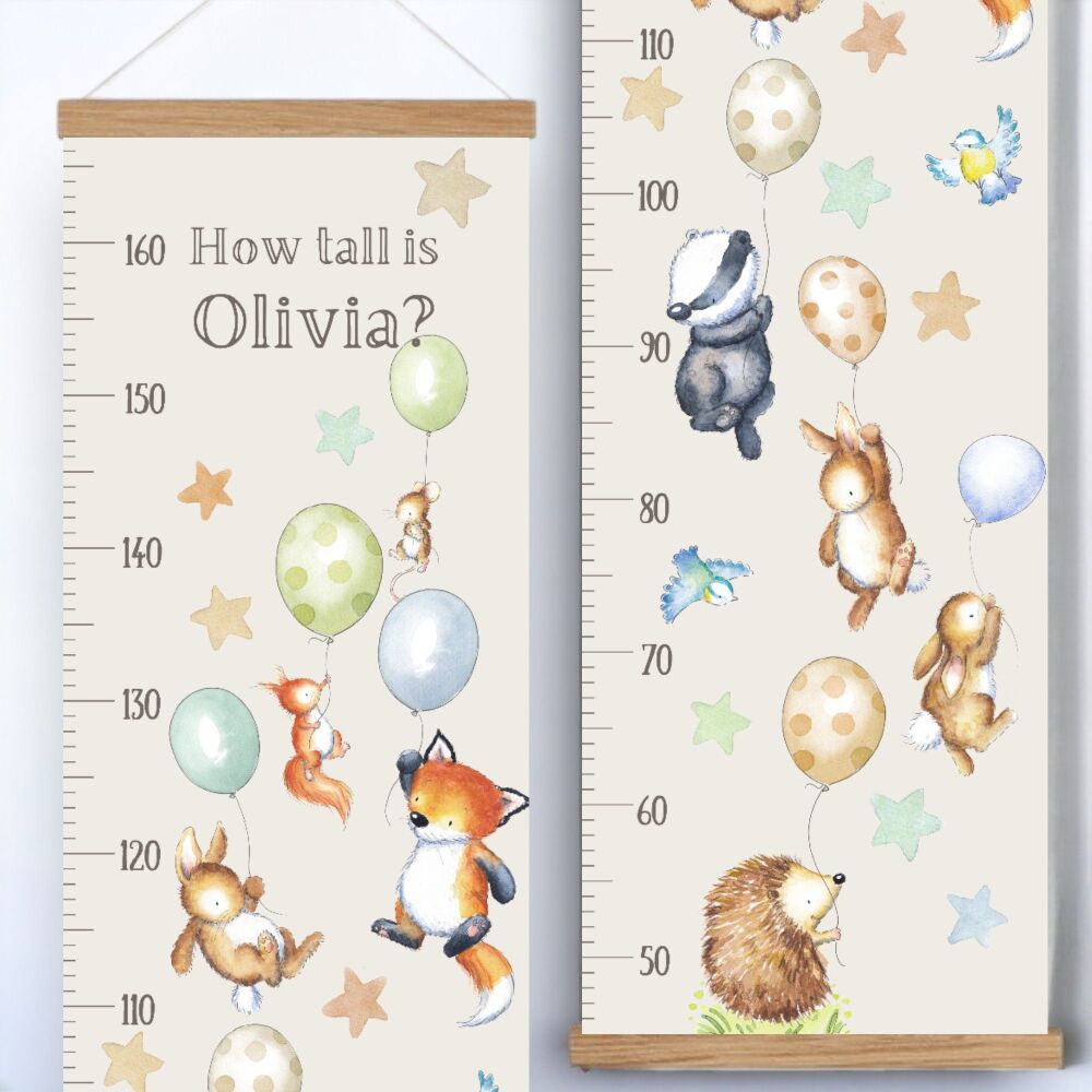 Balloon Woodland animals personalised height chart - natural earthy colours