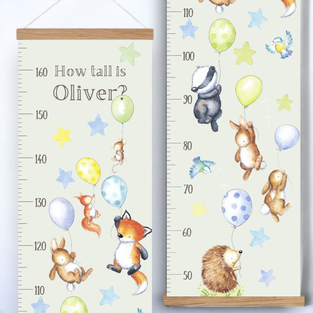 Balloon Woodland animals personalised height chart - blue and green colours