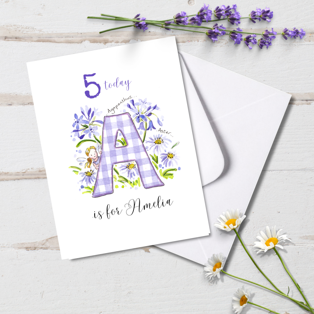 Personalised Flower Fairy Initial Birthday card with age