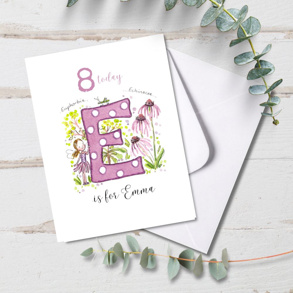 Personalised Flower Fairy Initial Birthday card with age