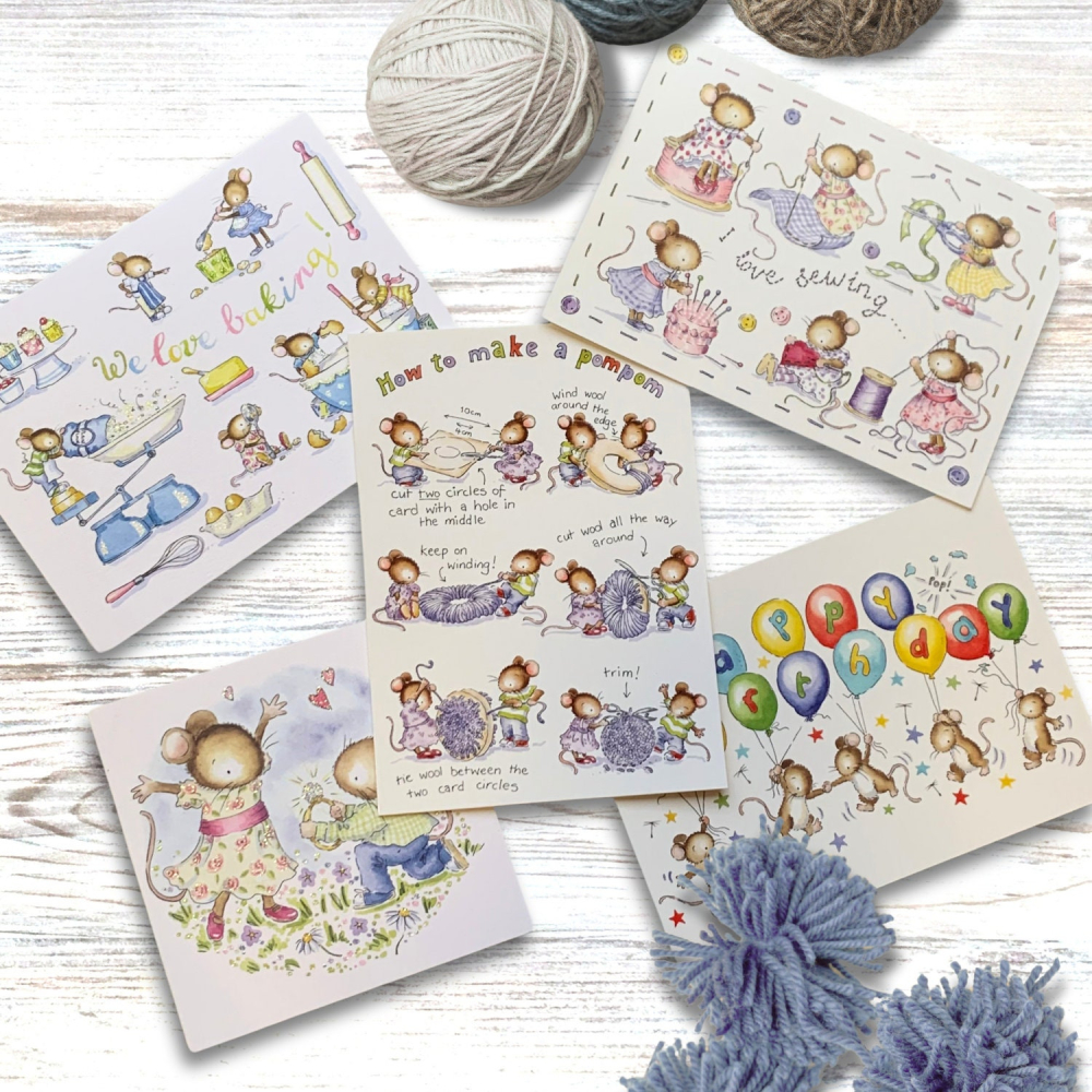 Birthday card pack, cute mice,  baking gift, sewing gift,  birthday party, 5 card set.