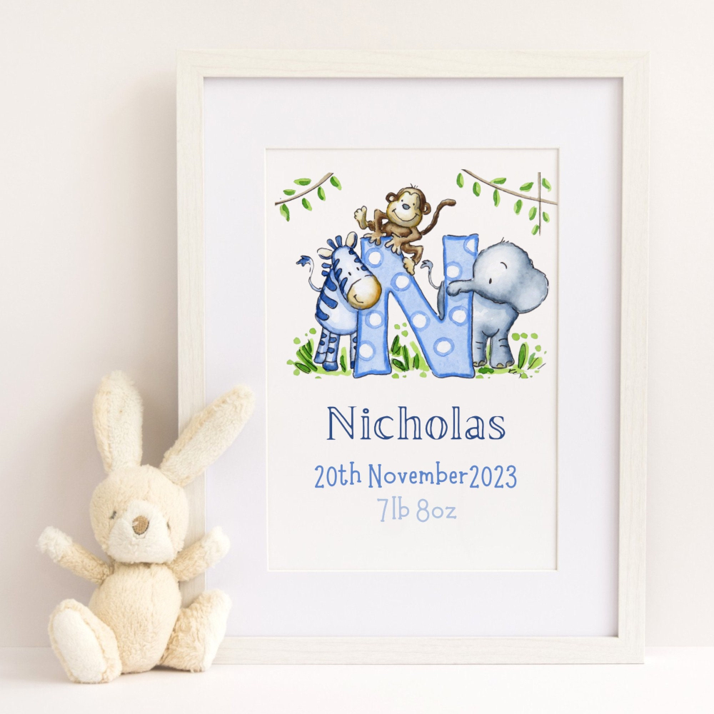 Initial print name frame personalised with name and date of birth, baby boy gift,nursery art,christening gift, unique gift,child's room