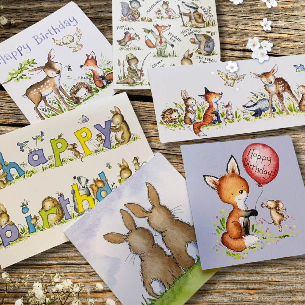 Woodland Animals card pack, kids cards, childrens birthday party, bunny card, 6 card set.