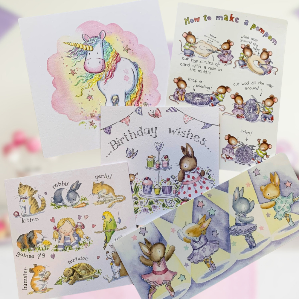 Greeting card pack for little girls, kids cards, childrens birthday party, 5 card set.