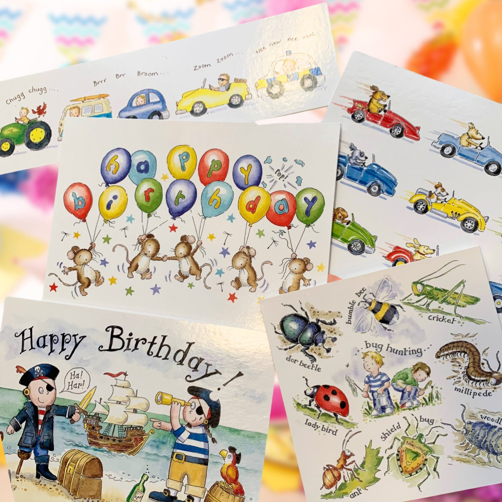 Boy Birthday card pack, kids cards, childrens birthday party, 5 card set