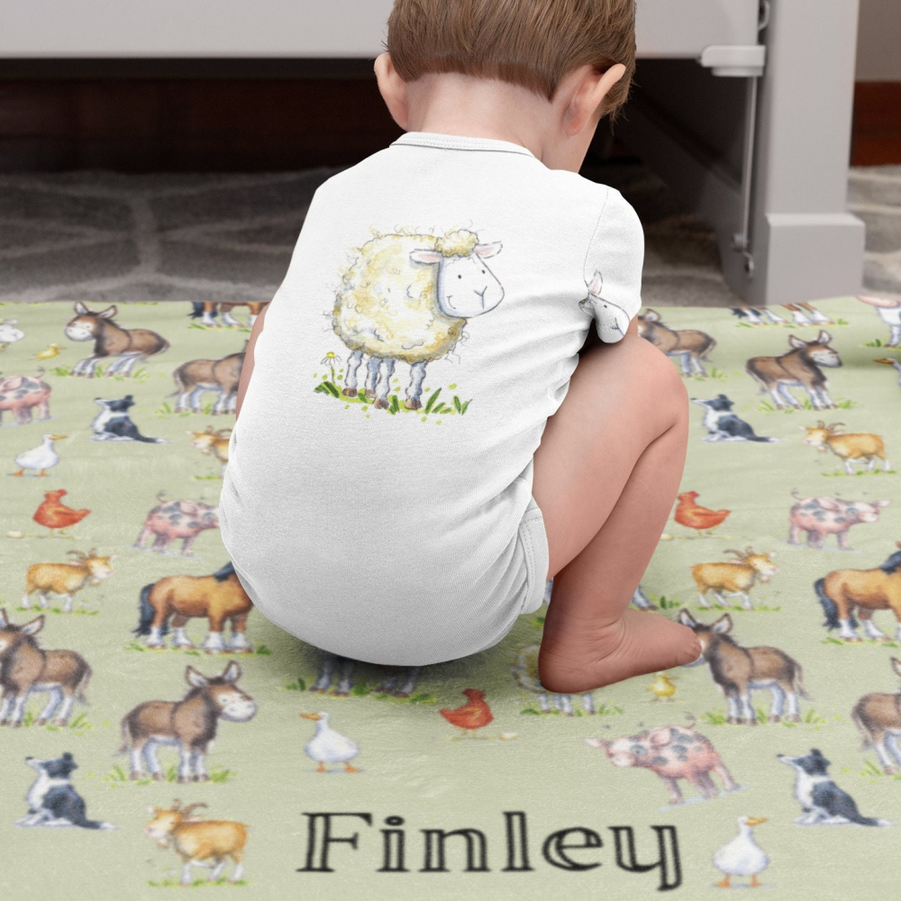 Cosy farm Baby Blanket, personalised baby gift, Soft fleece comforter, unique baby gift, baby shower gift, animal nursery decor,newborn gift