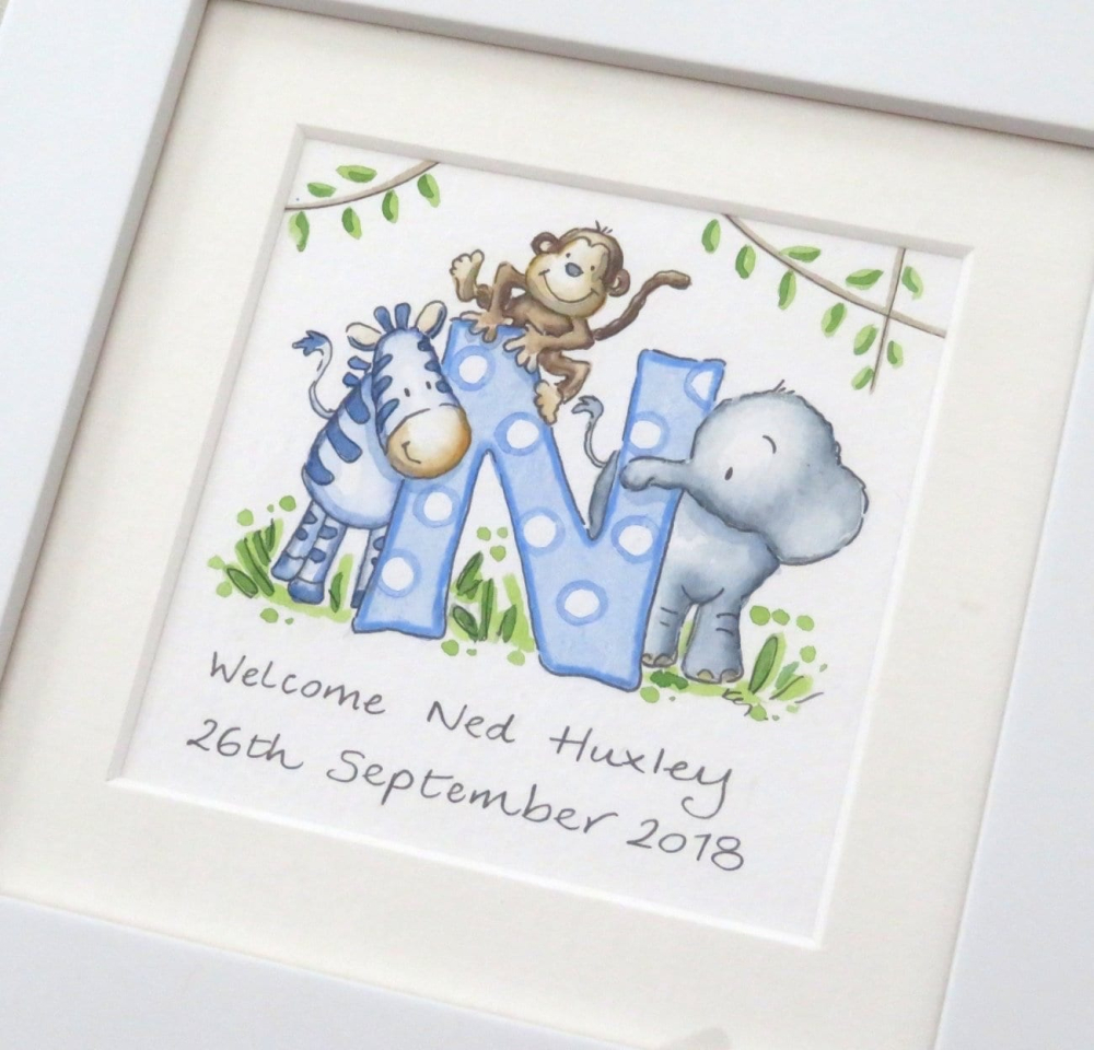 Children’s initial letter art, original hand painted watercolour, framed nursery gift for a new baby