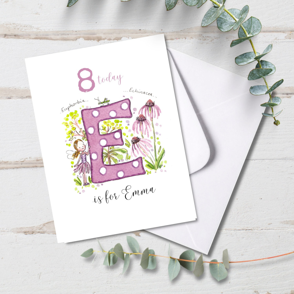 Fairy age card personalised for a little girl - a pretty floral birthday card