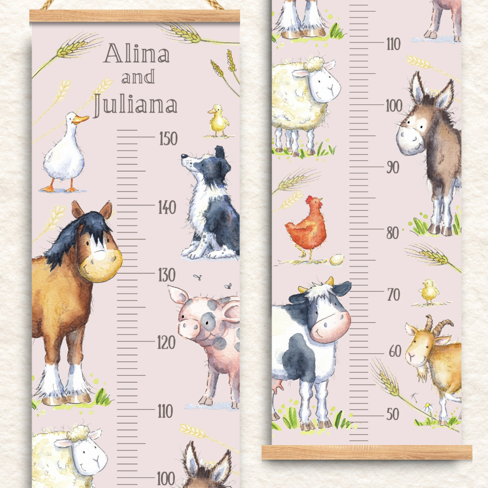 Farm Animals Growth Chart - Personalized childrens height chart, pink Nursery Decor, 1st Birthday Gift, new baby gift, cute Baby Shower Gift