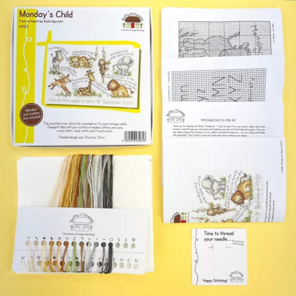 Jungle Nursery Cross Stitch Kit, Monday's Child Birth Sampler by Bothy Threads, Baby Shower Gift, Nursery Decor, by Kate Garrett
