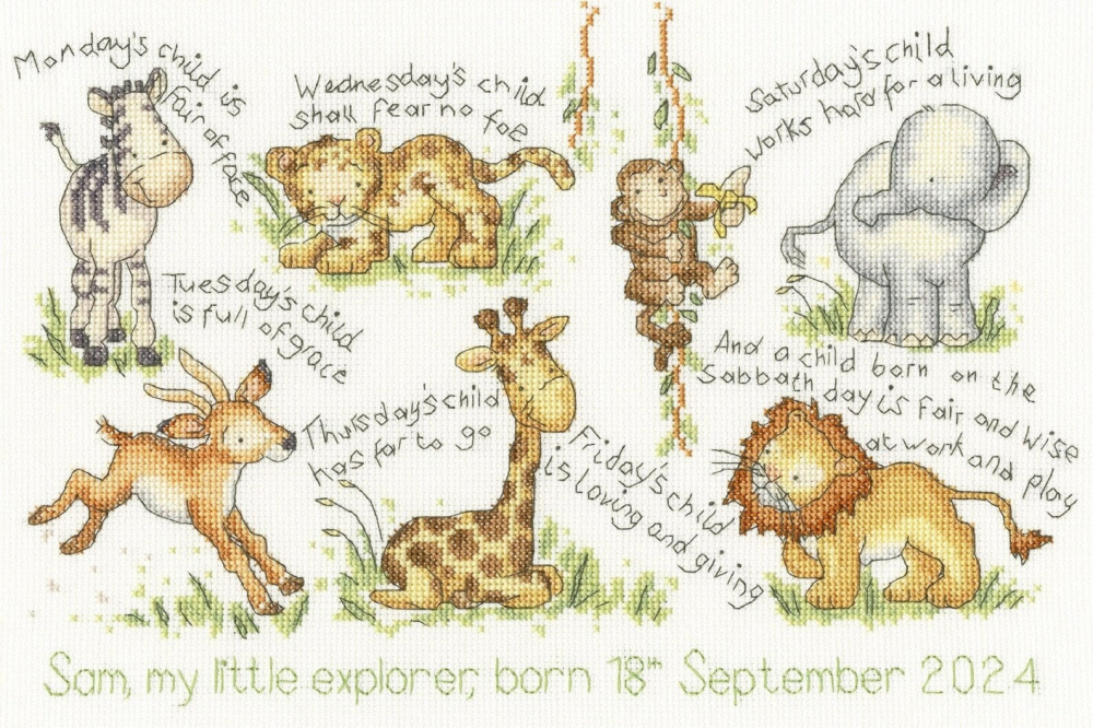Jungle Nursery Cross Stitch Kit, Monday's Child Birth Sampler by Bothy Threads, Baby Shower Gift, Nursery Decor, by Kate Garrett