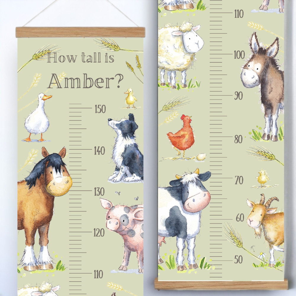 Farm Animals Growth Chart - Personalized Kid's Height Tracker, green Nursery Decor, 1st Birthday Gift, new baby gift, Baby Shower Gift