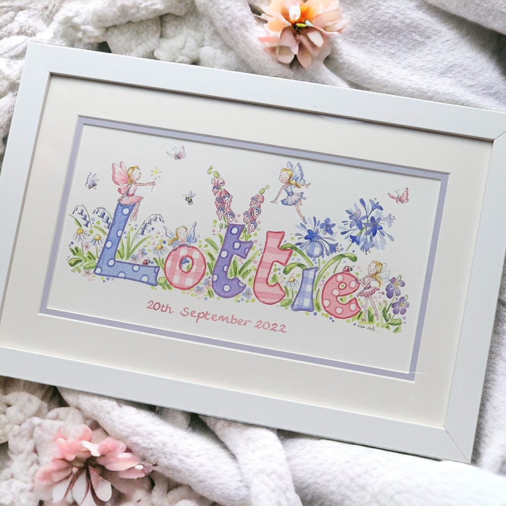 Personalised baby name art - unique and original nursery painting, framed handpainted  art, new baby gift, baby sampler