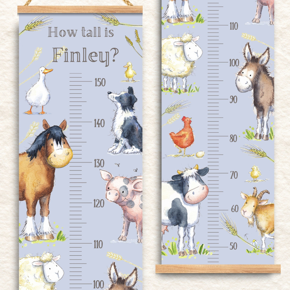 Farm Animals Growth Chart - Personalized Kid's Height Tracker, blue Nursery Decor, 1st Birthday Gift, new baby gift, cute Baby Shower Gift