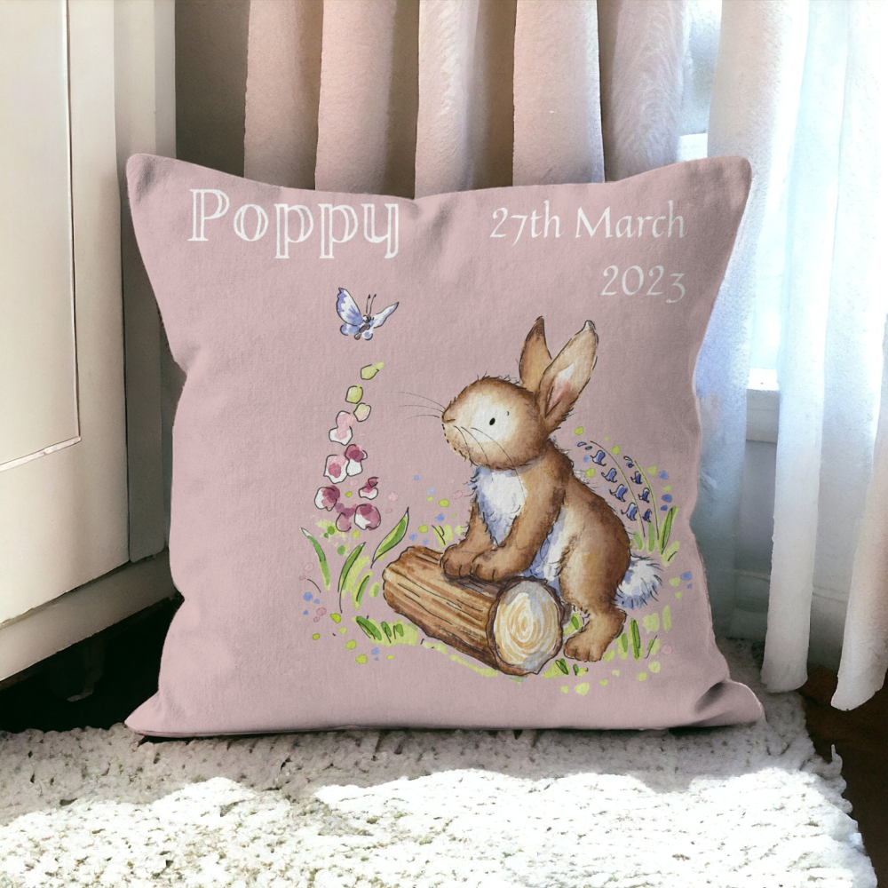 Personalised cushion - little bunny and butterfly with name ,neutral nursery decor, woodland nursery, personalized baby gift