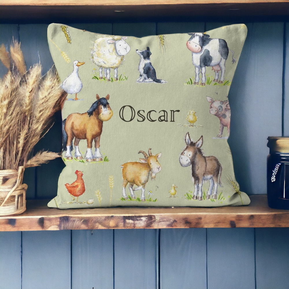 Personalised cushion farm design -a unique baby gift for a farm themed nursery