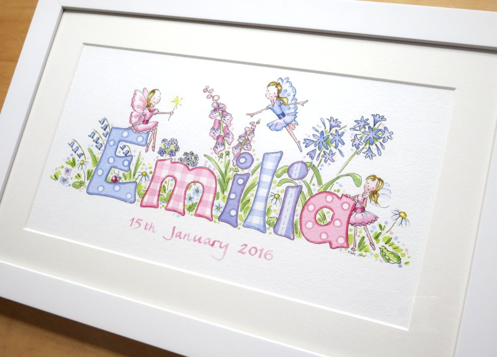 Fairies and flowers name painting, personalised baby gift, name frame, nursery art, Christening gift, newborn present, unique baby gift