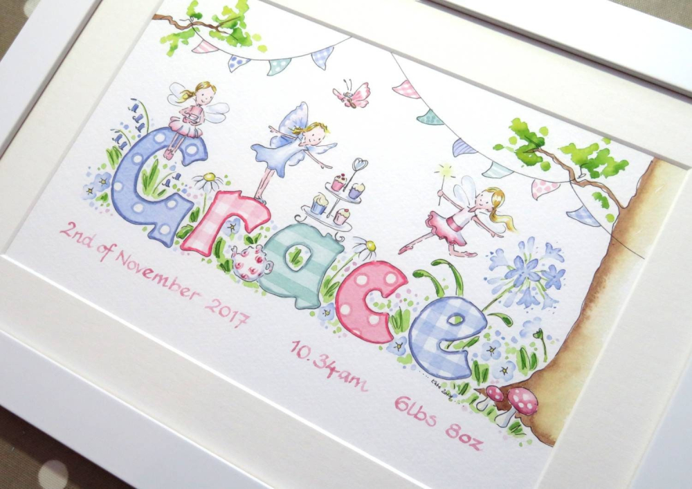 Fairies and flowers name painting, personalised baby gift, name frame, nursery art, Christening gift, newborn present, unique baby gift