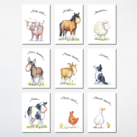 Watercolour farm animals nursery wall decor arranged as nine framed prints 