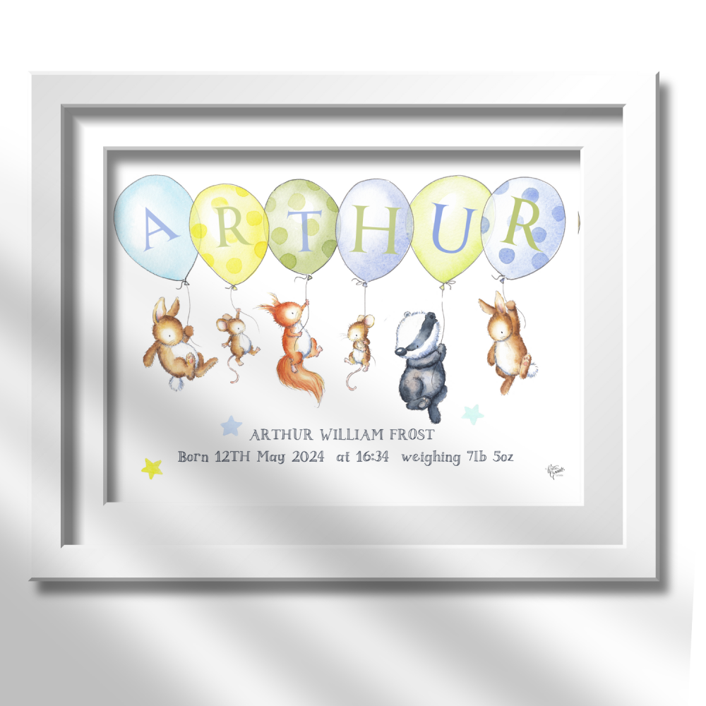 Woodland animals and balloons personalised print