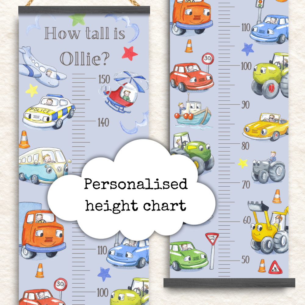 Vehicles Growth Chart - Personalised Height Tracker, blue Nursery Decor, cars, tractors and fire engine