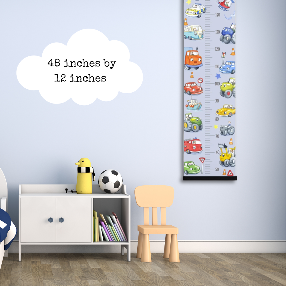 Vehicles Growth Chart - Personalised Height Tracker, blue Nursery Decor, cars, tractors and fire engine