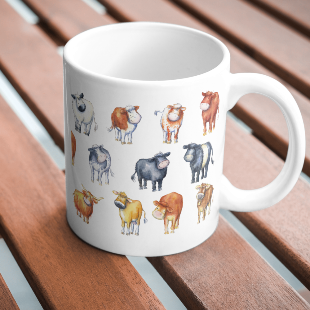 Cow breeds ceramic mug - 11oz Multiple cow breeds on a mug