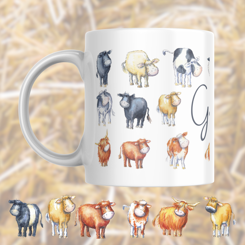 Cow breeds ceramic mug - 11oz Multiple cow breeds on a mug