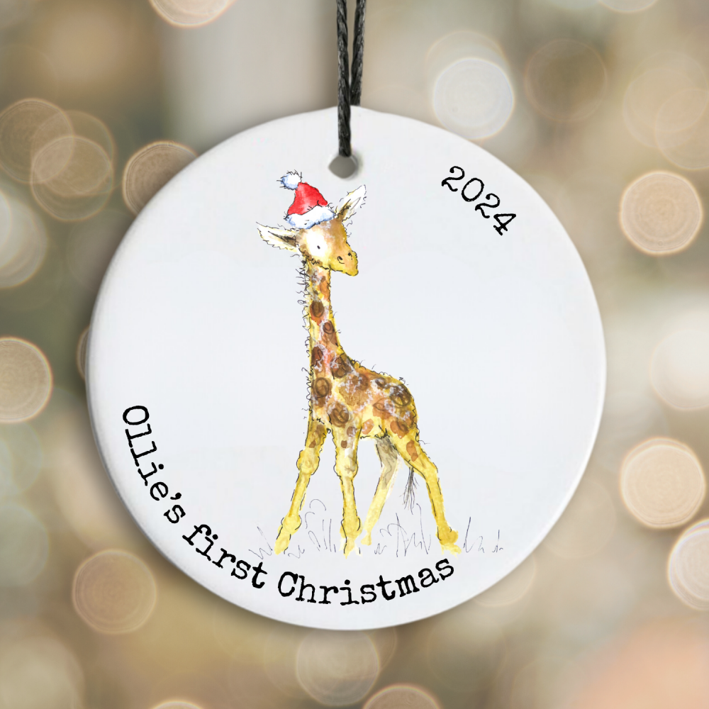 First Christmas elephant or giraffe hanging ceramic decoration