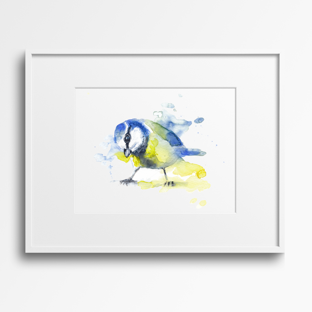 Blue tit watercolour print hand finished