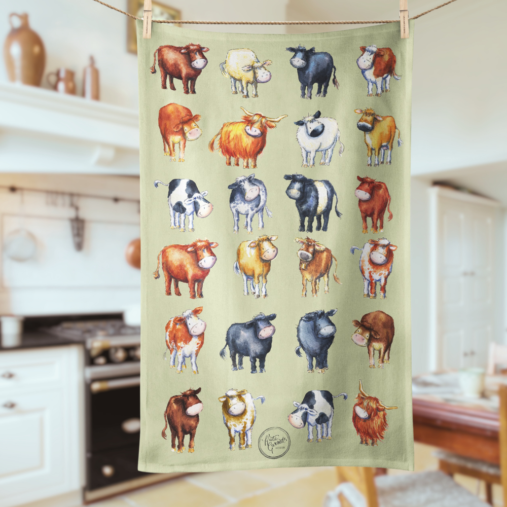 Cow breeds tea towel