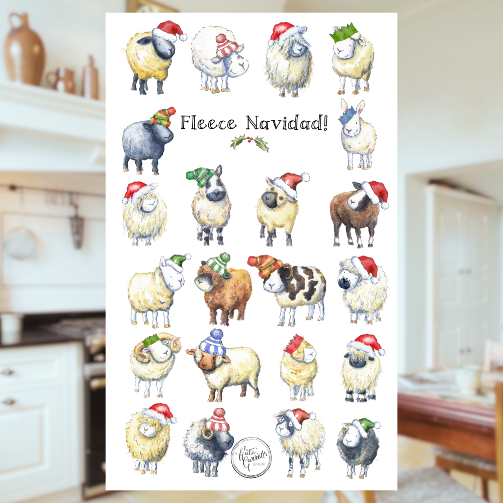 Sheep breeds Christmas tea towel