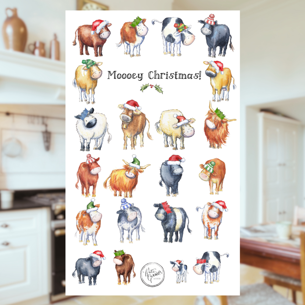 Cow breeds Christmas tea towel