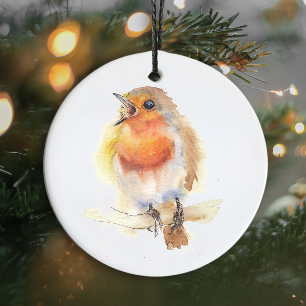 Watercolour Robin personalised hanging ceramic decoration