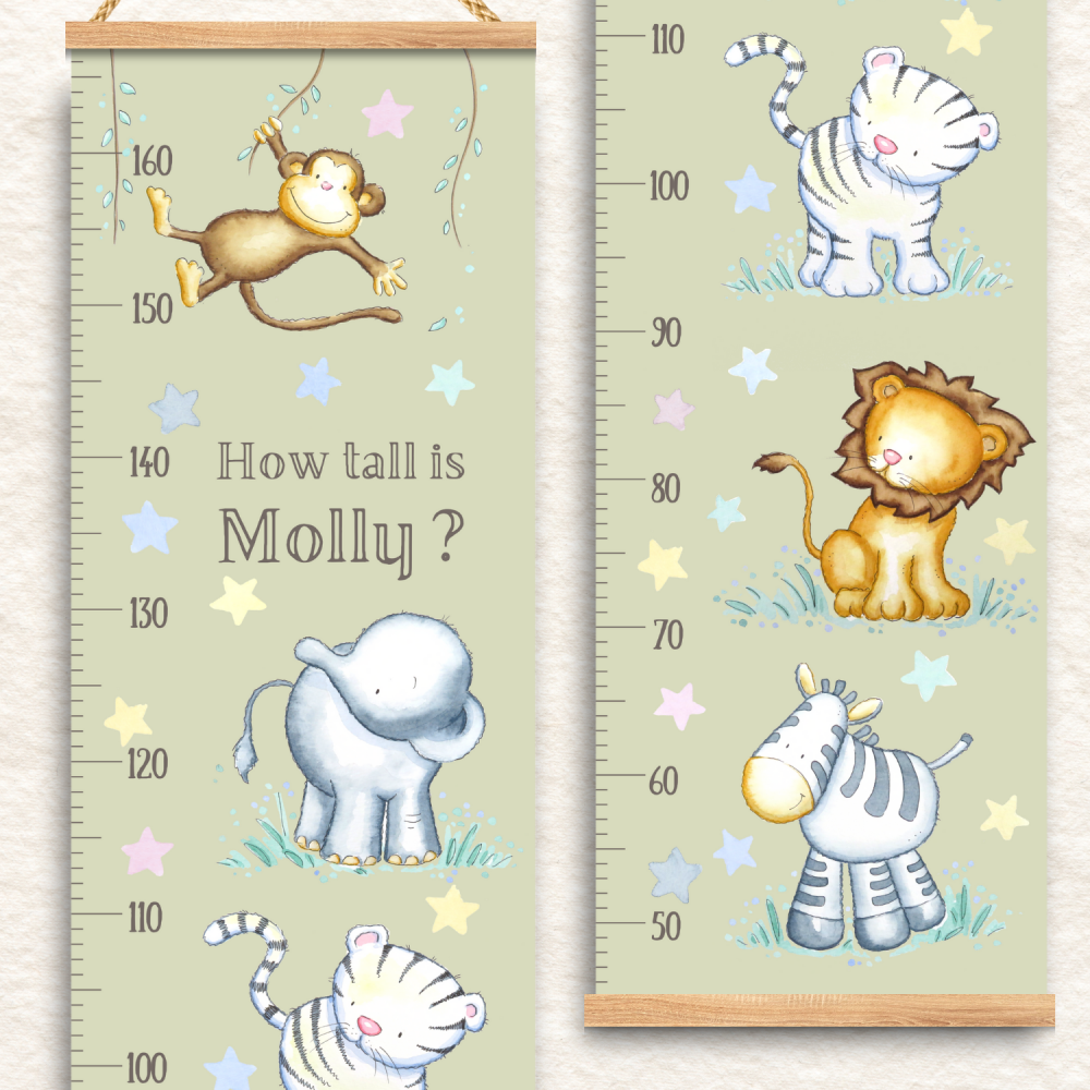 Jungle animals personalised height chart - pale olive