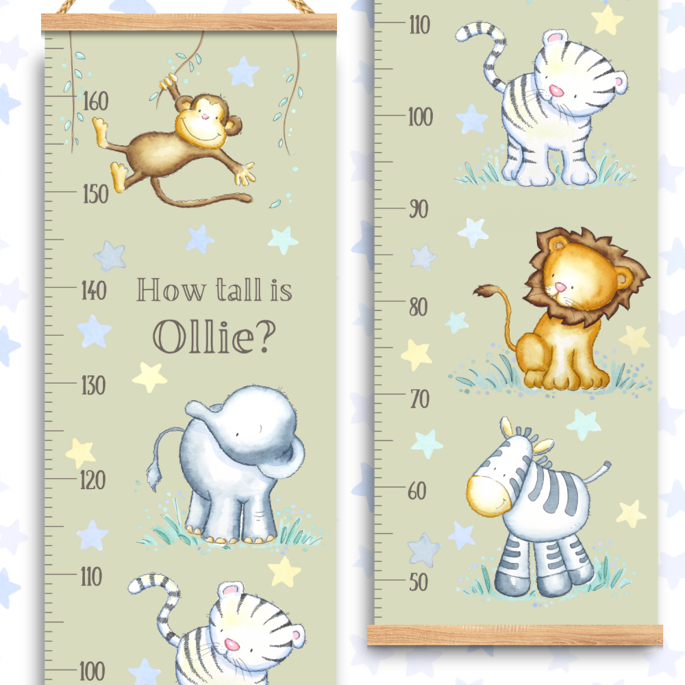 Jungle animals personalised height chart - pale olive