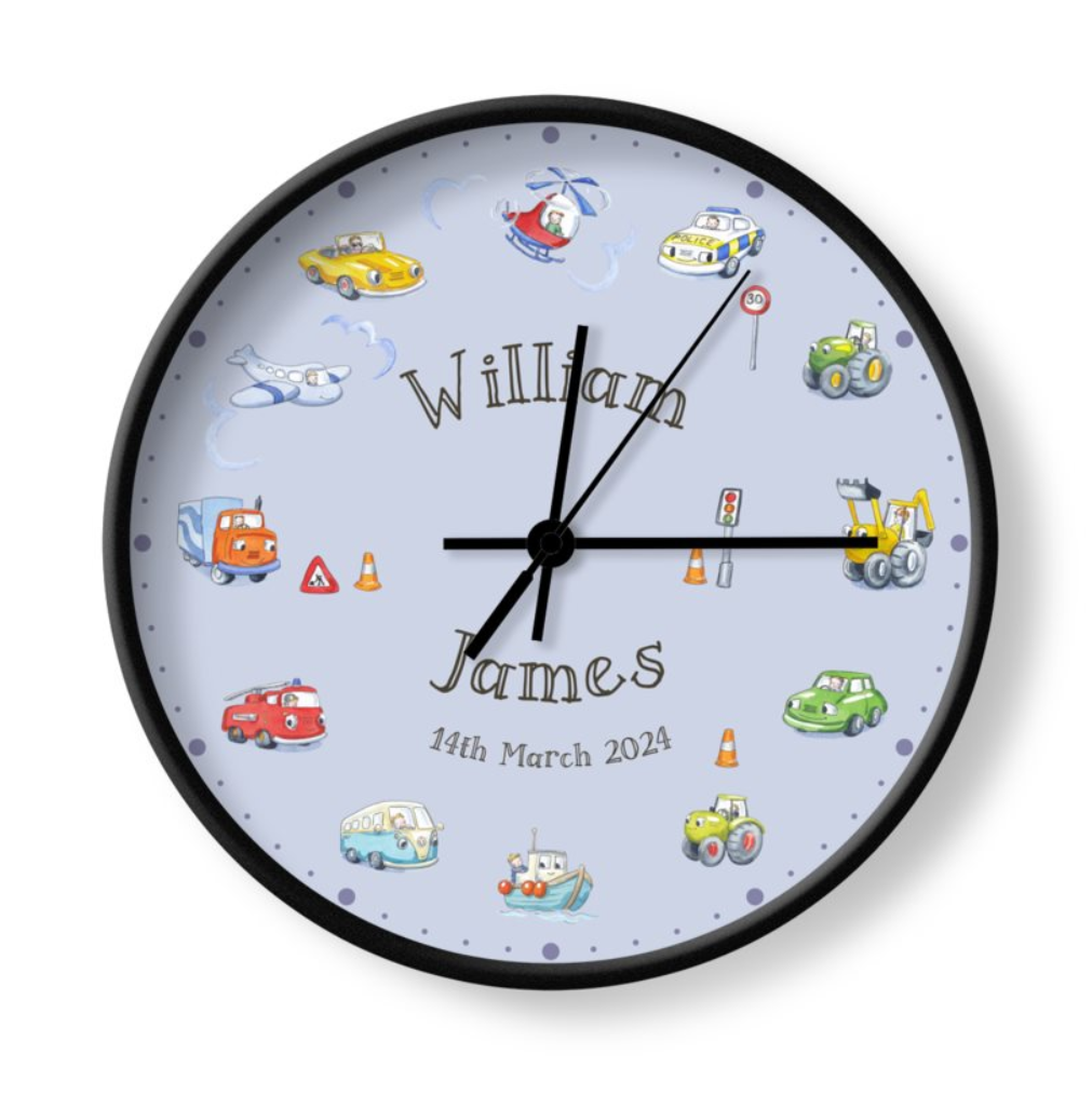 Fun vehicles nursery clock - personalised with child’s name