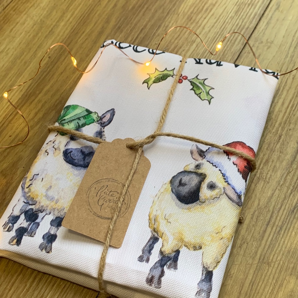Sheep breeds Christmas tea towel