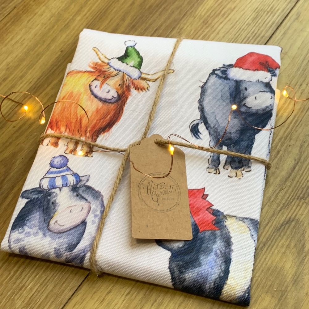 Cow breeds Christmas tea towel