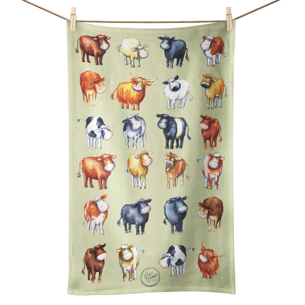 Cow breeds tea towel green