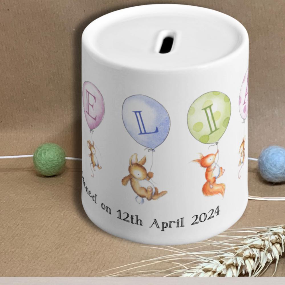 Woodland animals Money Box - personalised moneybox with woodland animals and balloons