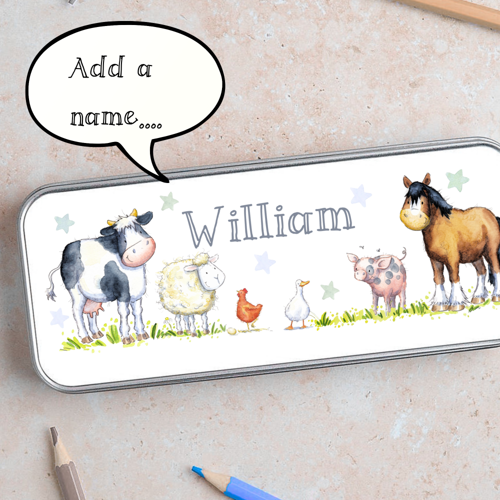 Personalised Farm Animal Pencil Tin – Custom Name Countryside Gift for Kids